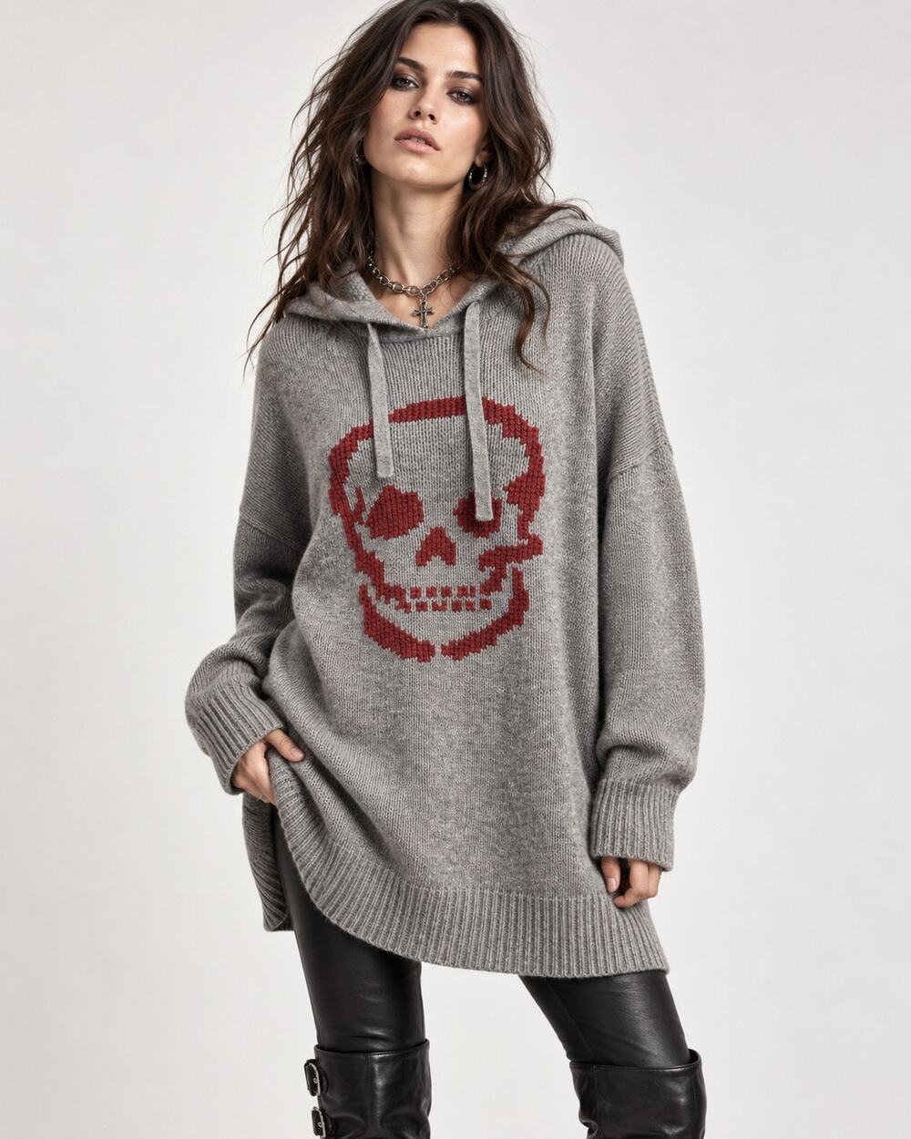 Skull Cashmere Gray Skull Hooded Sweater
Red Gothic Rocker Knit